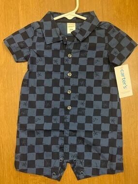 6M Blue & Navy Check Short Sleeve Romper
